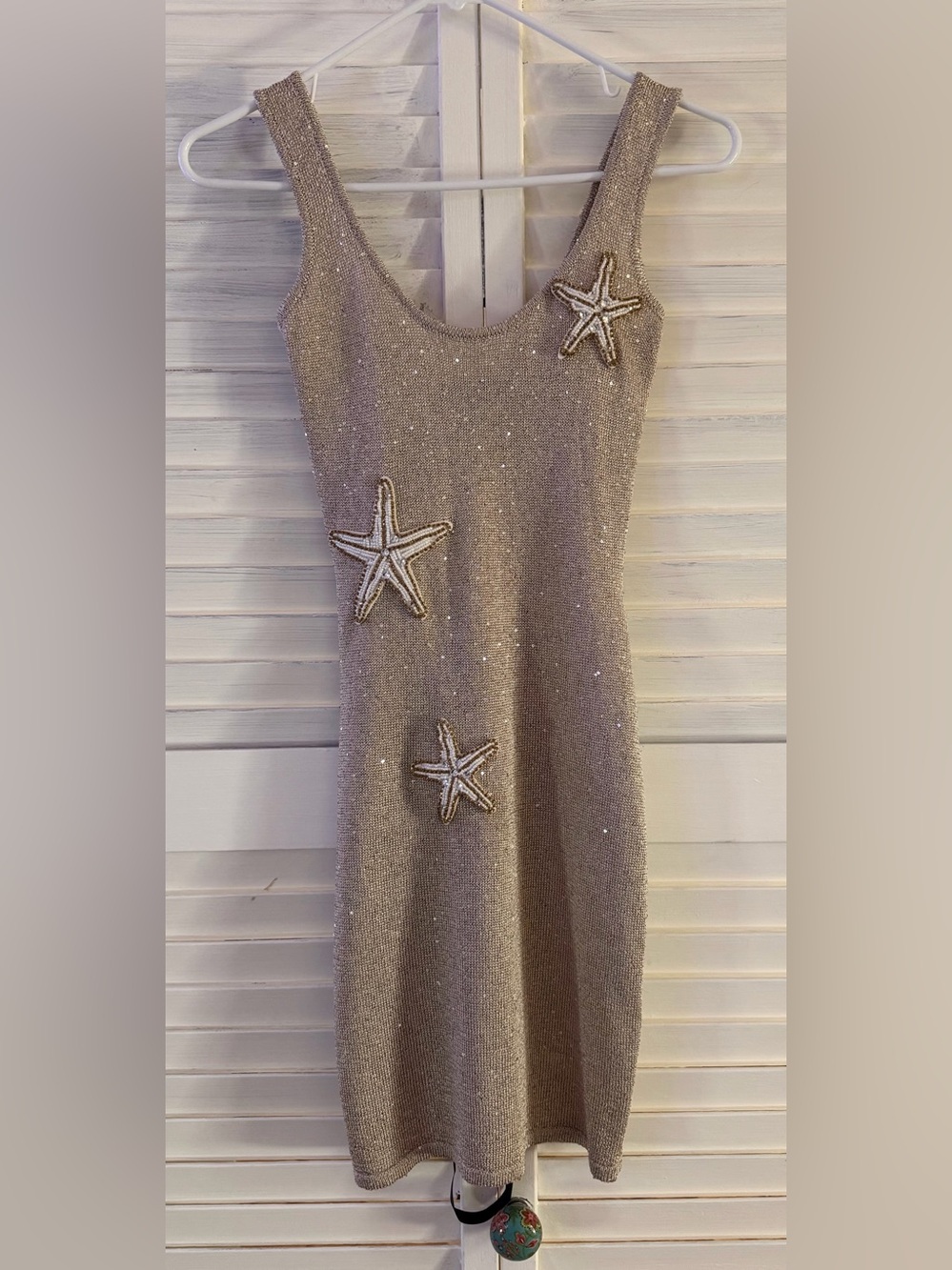 White Fox Boutique Beige Sparkle Knit Mini Dress with Beaded Starfish